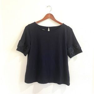 Talbots Lace Appliqué Top Short Sleeve Black Blouse Floral Tee